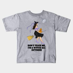 Witch with an Orange Cat On a Broomstick on a Full Moon Kids T-Shirt